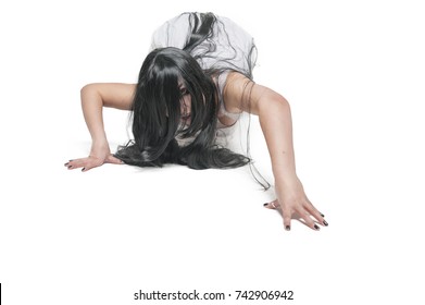 Mystical Ghost Woman In White Long Shirt Crawl On White Background