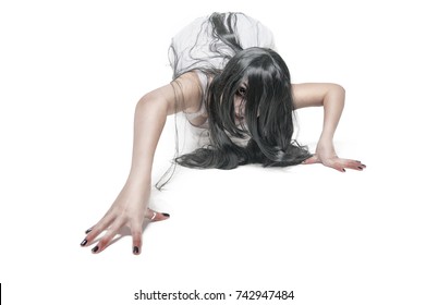 Mystical Ghost Woman In White Long Shirt Crawl On White Background