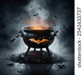 A mystical, glowing cauldron emits an eerie light, surrounded by swirling fog and shadowy bats that flit through the dark, creating an atmosphere of enchantment and mystery.






