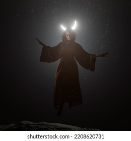 The Mystical Goddess Of The Night With A Shining Crescent Moon Above Her Head Soars Above The Ground. Live Shooting Of The Model Is Combined With Computer 3D Special Effects