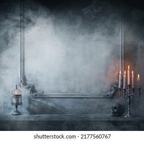 Mystical Halloween still-life background. Skull, candlestick with candles, old fireplace. Horror and witchery. - Shutterstock ID 2177560767