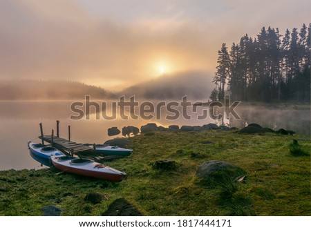 Mystical light in the early morning. Landscape with Shiroka polyana (Wide meadow) Rodophe mountain. Bulgaria