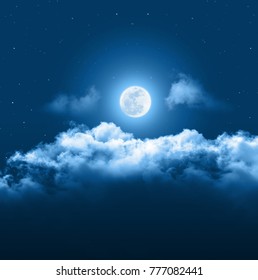 Mystical Night Sky Background With Full Moon, Clouds And Stars. Moonlight Night With Copy Space For Winter Background.