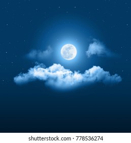 Mystical Night Sky Background With Full Moon, Clouds And Stars. Moonlight Night With Copy Space For Winter Background.