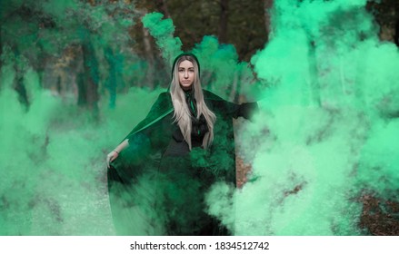 Mystical Scene At Forest, Wizard Woman, Halloween Ideas With Smoke, Costume