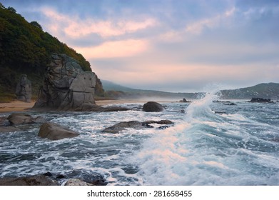 Mystical Sea Coast After The Typhoon. Far East Of Russia. East (Japan) Sea.