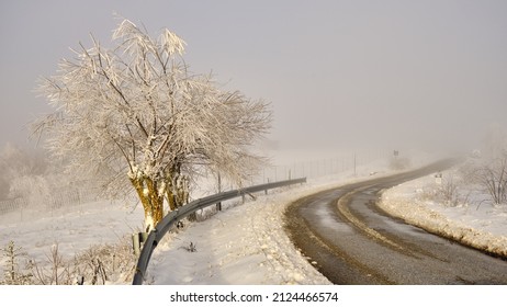 Mystical Winter Road Sunset In Beautiful Light