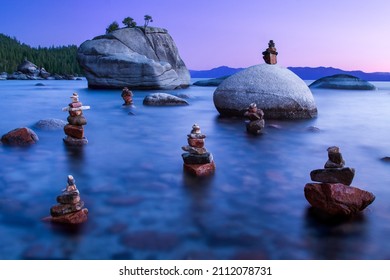 Mystical Zen Rocks Stacked In The Sunset Reflected Water For Yoga And Meditation At Bonsai Rock, Lake Tahoe.