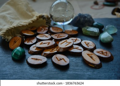 mysticism divination on handmade wooden rune stone