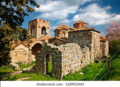 MYSTRAS, PELOPONNESE, GREECE - February 28, 2011. Hagia Sophia church in the medieval, byzantine "castletown" of Mystras, close to Sparta town, Lakonia, Peloponnese.