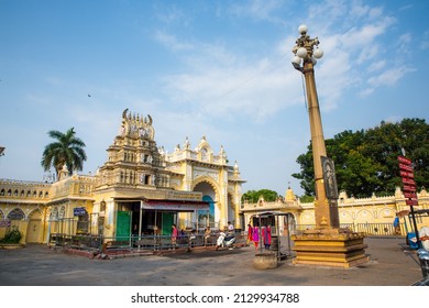 Mysuru, Karnataka, India - 2021 JUL - South Indian Style Temple - Kote Sri Anjaneya Swamy Temple, Jaya Vijaya Gate in front of Mysore Palace, Chamaraja Circle, Agrahara, Mysore