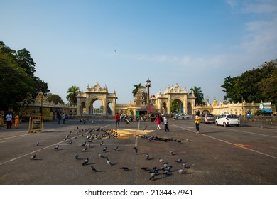 Mysuru, Karnataka, India - 2021 JUL Jaya Vijaya Gate in the early morning, Mysore Palace, Chamaraja Circle, Agrahara, Mysore. South Indian Style Temple Anjaneya Swami Temple in between the two doors. 