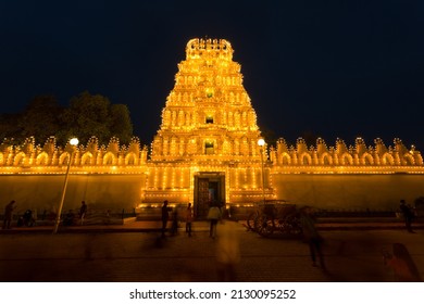 Mysuru, Karnataka, India - 2021 OCT  Bhuvaneshwari Temple In The Mysore Palace Complex Fully Illuminated During The Most Celebrated Dasara (Vijaya Dashami) Festivals. South Indian Style Temple.