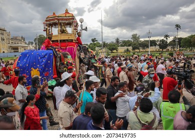 Mysuru, Karnataka, India-October 15 2021;A Side View Of The Royal Elephant Carrying Golden Howdah With An Idol Of Goddess Chamundeshwari For The Dasara Festival In Mysuru, India.