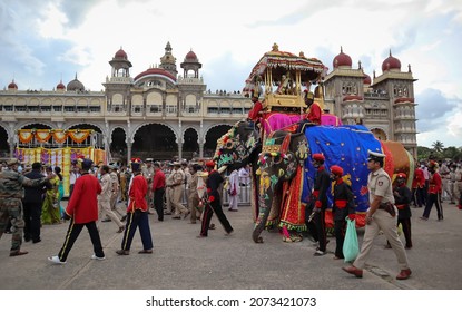 Mysuru, Karnataka, India-October 15 2021;The Royal Elephant In Traditional Costume Carrying The Golden Howdah With Idol Of Goddess Chamundeshwari In Dasara Carnival In Mysore Palace, India.
