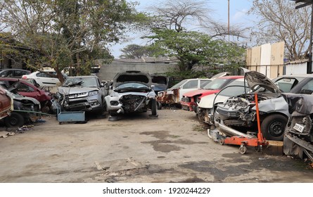 Mysuru,Karnataka,India-February 10 2021;  A Midday Scene at the Accident Cars junk yard of the Maruti Suzuki Showroom in Mysuru city,India.