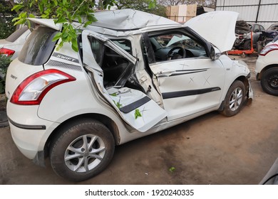 Mysuru,Karnataka,India-February 17 2021; A Close Up View Of Maruti Suzuki Swift Car Which Is In Bad Shape Due To An Accident In The Showroom In Mysuru,India.
