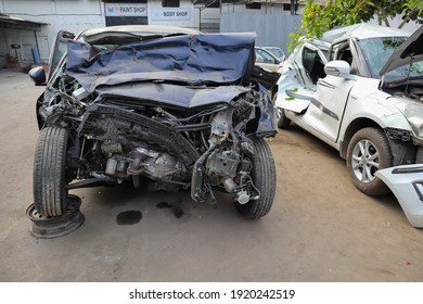 
Mysuru,Karnataka,India-February 17 2021; A Close Up View Of Maruti Suzuki Car Which Is In Damaged Due To An Road Accident In The Showroom In Mysuru,India.
