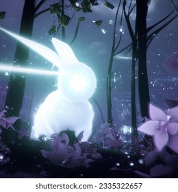 Mythical 3D image of white rabbit with big eyelashes standing up in magical forest lights in the background