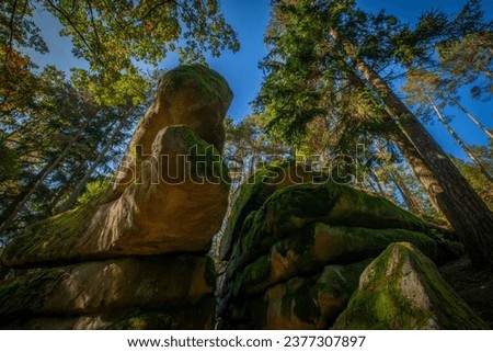 mythical stone giants and viklas and granit rockformation in Blockheide, natural reserve near Gmünd, Austria