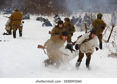 Mytishchi district, village of Sholokhovo, Russia. December 8, 2018. A soldiers in an old military uniform at the Military-historical reconstruction "Battle of Moscow. Counterattack"