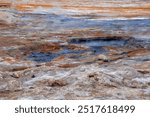 Myvatn Iceland, view across colourful landscape with mud pools and steam vents at Namafjall or Hverir geothermal area 