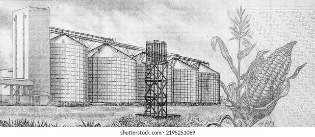 Mzuzu Maize Silos Representing The Theme Of Sustainable Economic Growth. Portrait From Malawi 1000 Kwacha 2012 Banknotes.