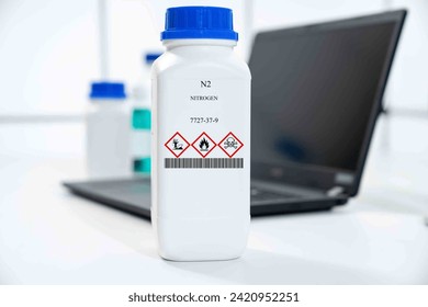 N2 nitrogen CAS 7727-37-9 chemical substance in white plastic laboratory packaging