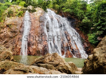 Na Muang Waterfall Koh Samui Island Thailand, Namuang Waterfall, falling water stream, mountain rocks landscape, tropical jungle forest, summer sunny day, tourism, travel, vacation, tourist attraction