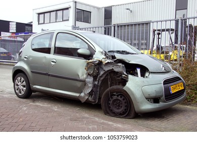 Naarden, Gooise Meren, The Netherlands - March 23, 2018: Citroën C1 With Accident Damage Parked By The Side Of The Road. Nobody In The Vehicle.