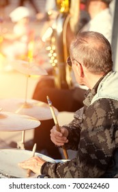 NABEREZHNYE CHELNY - 20 August 2017:  Old Man Playing Drums On Street