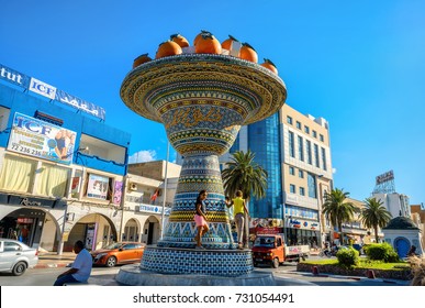 NABEUL, TUNISIA - JULY 02, 2017: Cityscape With Ceramic Sculpture On Road In City Centre. North Africa
