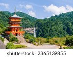 Nachi Falls, Japan. Waterfall and red temple