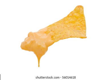 Nacho With Cheese Dip Dripping Down Isolated On White Background