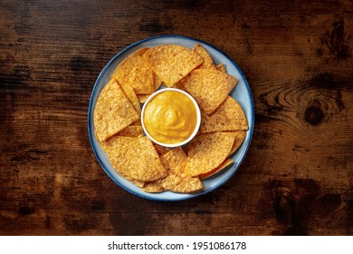Nacho Chips With A Cheese Dip, Overhead Shot