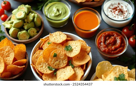 Nacho Platter with Tortilla Chips, Guacamole, Salsa, and Sour Cream - Powered by Shutterstock