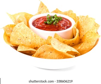 Nachos In The Bowl And Salsa Sauce In The Dipper  - Isolated