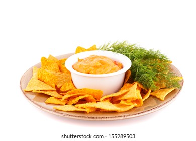 Nachos And Cheese Sauce Isolated On White Background.