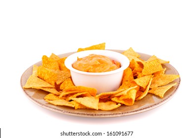 Nachos And Cheese Sauce Isolated On White Background.