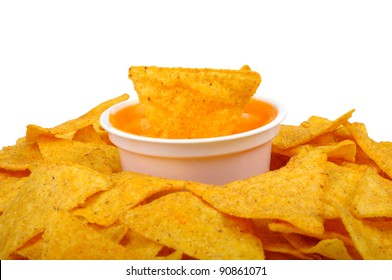 Nachos And Cheese Sauce Isolated On White Background