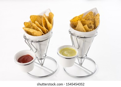 Nachos Chips With Guacamole And Tomato Dip Isolated On White Background Side View