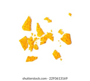 Nachos Chips Pieces Isolated, Nacho Snack Crumbs, Broken Mexican Triangle Corn Chips, Crumbled Maize Snack, Corn Crisps or Totopos, Nachos on White Background Top View - Powered by Shutterstock