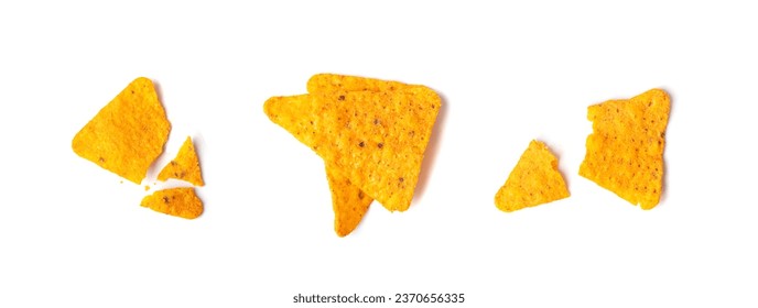 Nachos Chips Pieces Isolated, Nacho Snack Crumbs, Broken Mexican Triangle Corn Chips, Crumbled Maize Snack, Corn Crisps or Totopos, Nachos on White Background Top View - Powered by Shutterstock