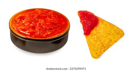 Nachos chips with salsa sauce isolated on white background. Salty chips  Top view. Flat lay.
 - Powered by Shutterstock