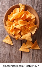 Nachos Corn Chips In The Bowl On The Table. Vertical View Above, Rustic Style
