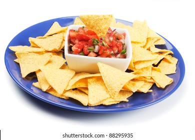 Nachos Corn Chips With Fresh Homemade Salsa Isolated On White