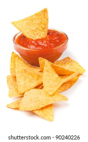 Nachos Corn Chips With Fresh Homemade Salsa Isolated On White