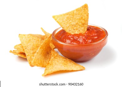 Nachos Corn Chips With Fresh Homemade Salsa Isolated On White