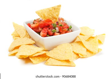 Nachos Corn Chips With Fresh Homemade Salsa Isolated On White