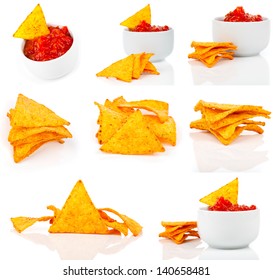 Nachos Corn Chips With Fresh Salsa Isolated On White